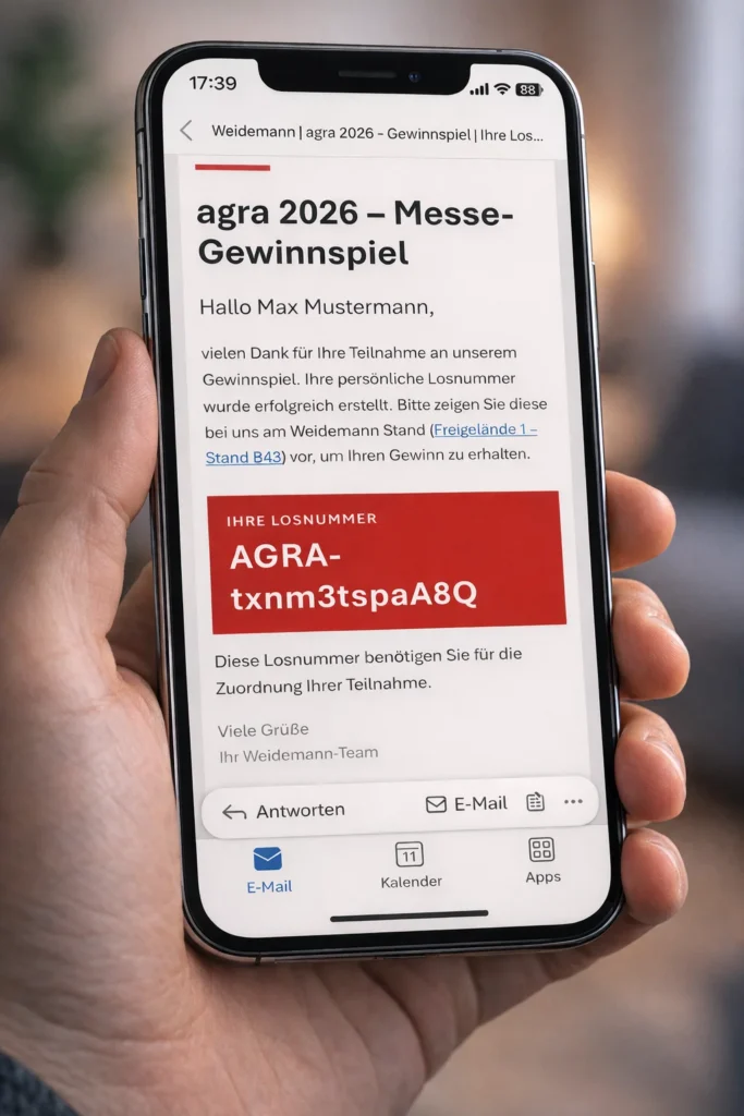 Eine Hand hält ein iPhone im Hochformat. Auf dem Bildschirm ist eine E-Mail im Dark Mode zum „agra 2026 – Messe-Gewinnspiel“ zu sehen. Die Nachricht beginnt mit der Anrede „Hallo Max Mustermann“ und enthält eine rot hervorgehobene Box mit einer persönlichen Losnummer „AGRA-txnm3tspaA8Q“. Im Hintergrund ist eine unscharfe Innenraumumgebung zu erkenn